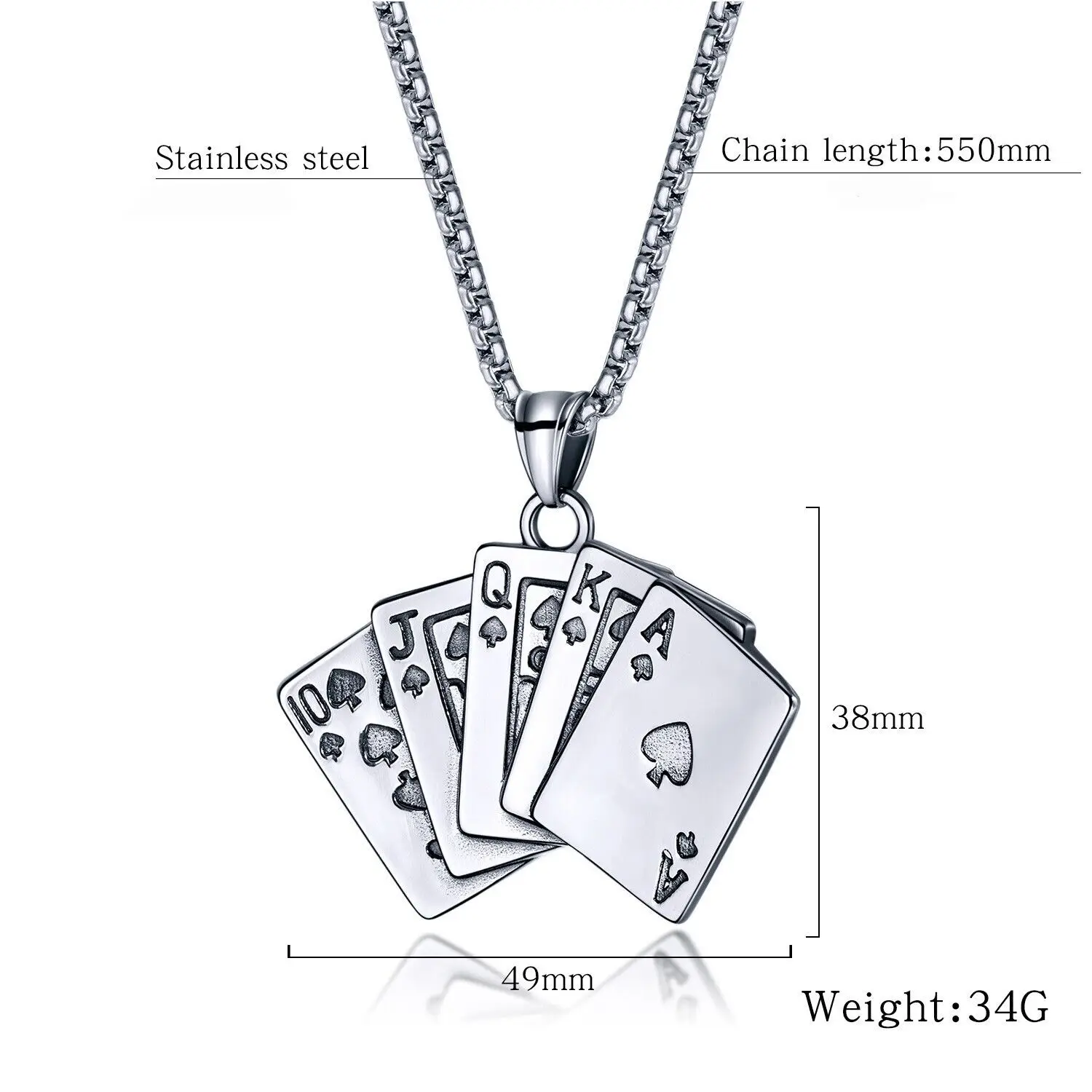 Hiphop Style Stainless Steel Necklace with Good Luck Straight Flush Poker Card Spade Pendant Unisex Fashion Jewelry