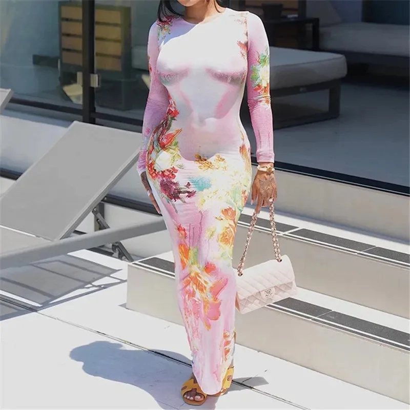 

Fashionable Printed Round Neck Pullover Long Sleeve Hip-Hugging Long Skirt Casual Dress For Women Street-Elegant Style