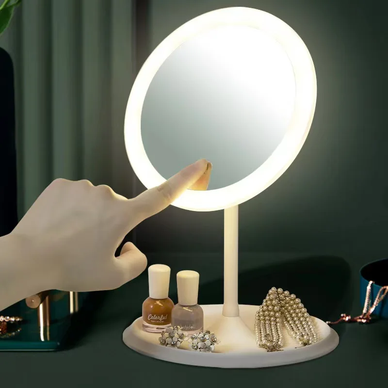 LED Makeup Mirror With Light Lamp With Storage Desktop Rotating Cosmetic Mirror Light Adjustable Dimming USB Vanity Mirror