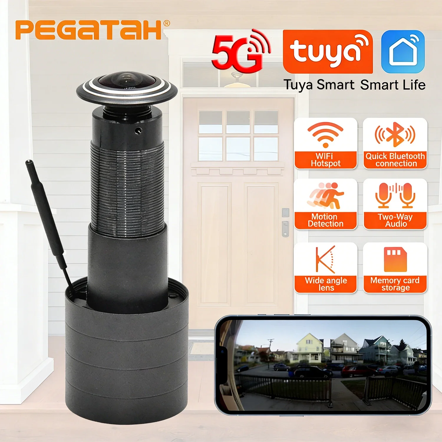 

Умная Wi-Fi камера-глазок Tuya 3 МП HD (2,4/5 ГГц) с обнаружением движения, двусторонней аудиосвязью и беспроводным подключением для домашней безопасности