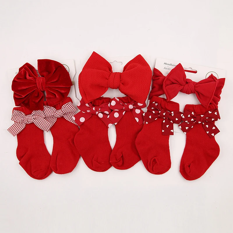 2Pcs Cute Baby Headbands Socks Red Christmas Hair Bands for Infant Short Sock Korean Dot Plaid Heart Print Bow Headwear