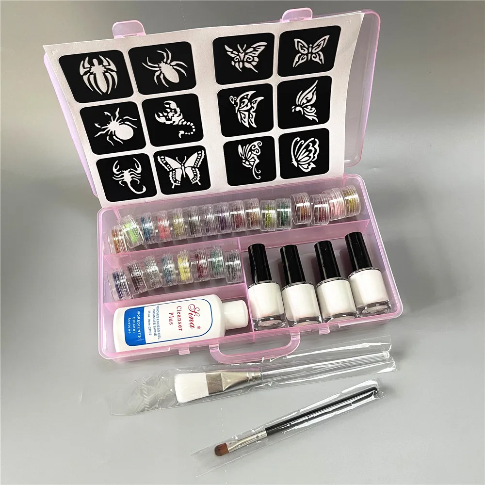 Temporary Diamond Glitter Tattoo Kit 24 Colors Powder 4 Glue Stencil Hollow Template For Fake Tattoo Beauty Body Painting Art