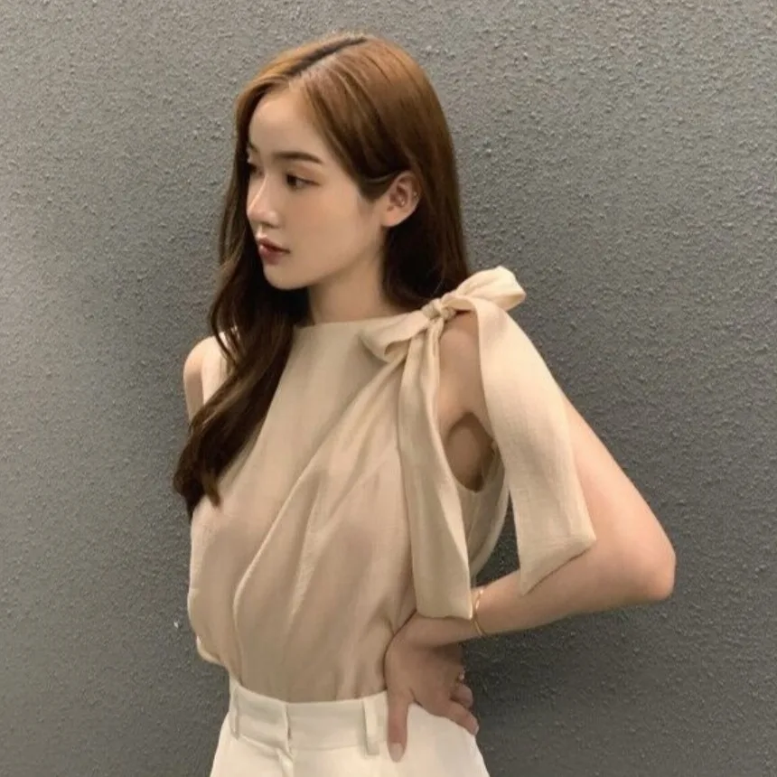 

Ele Korean Sle Женский топ irt Knot No Sve Весна Лето Дизайн Sense Faionable Slim Fit для поездок на работу
