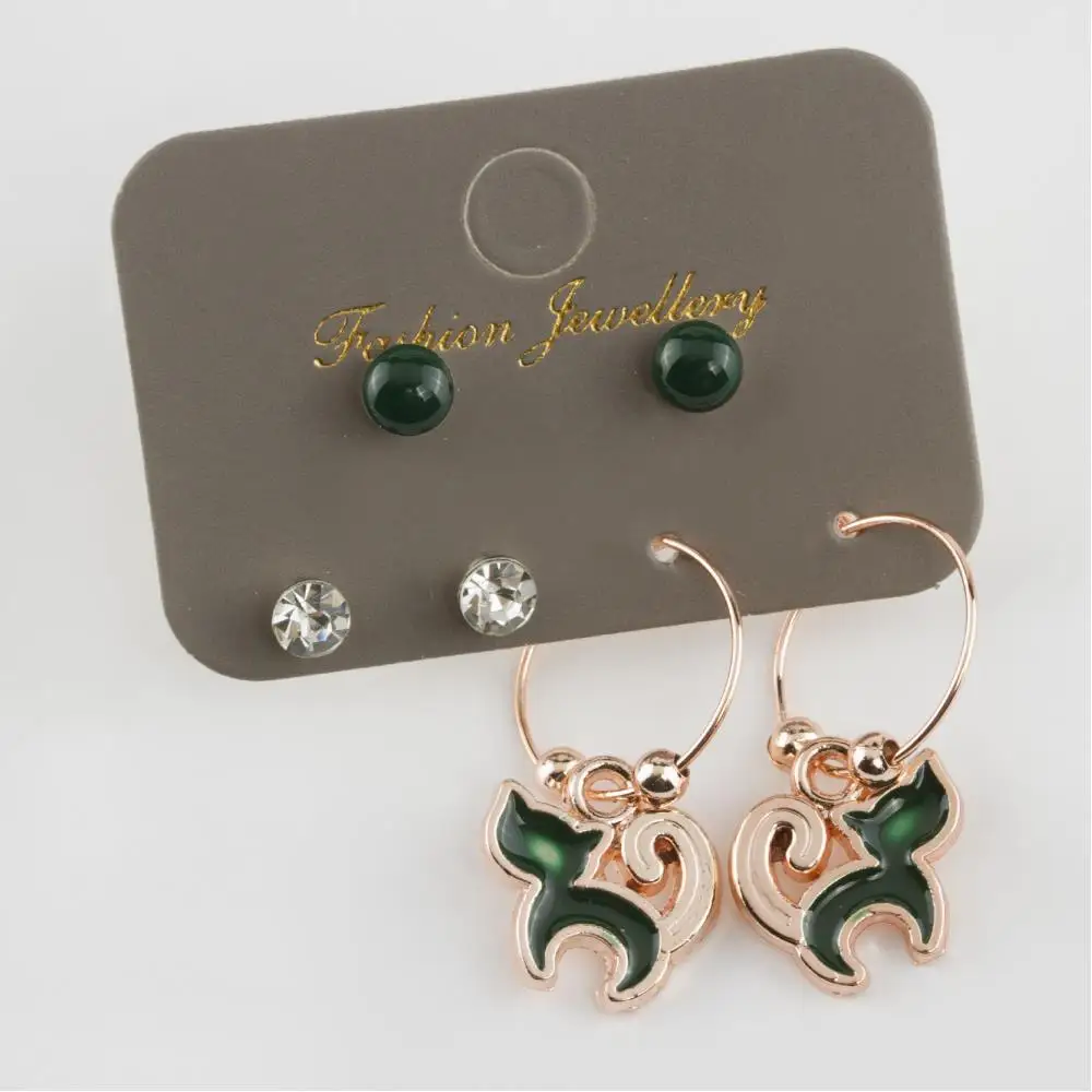 6'lı Cat Figured Cabochons Ring Earrings