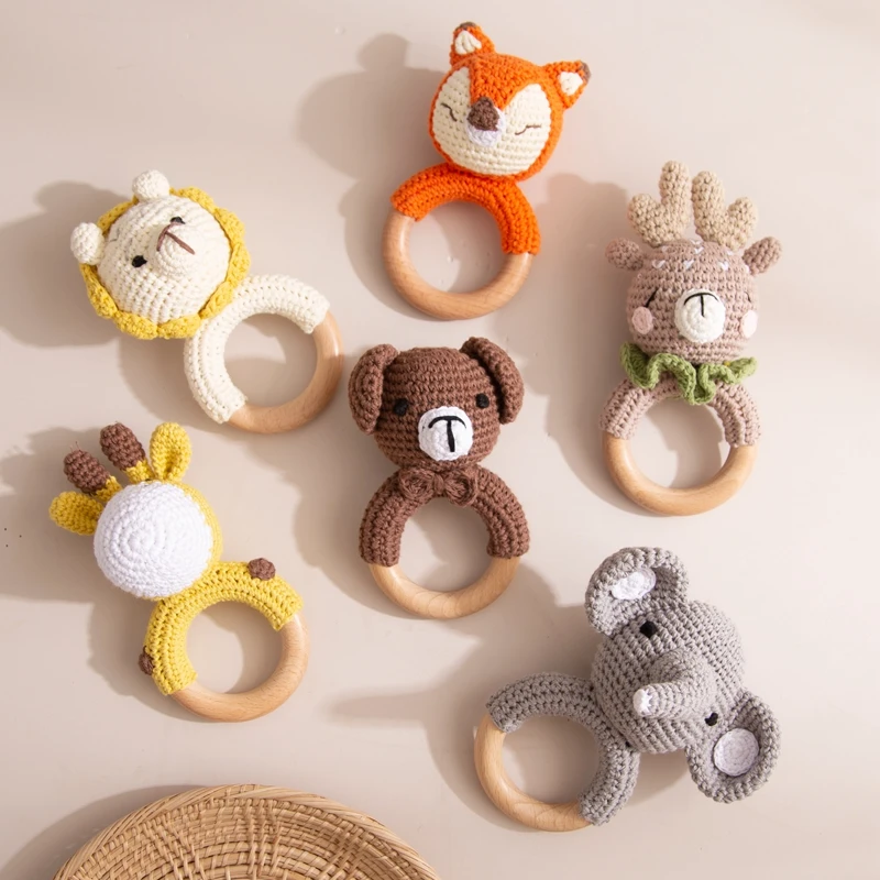 1pc Baby Crochet Rabbit Music Rattle Teether Wooden Ring Rattle Toys Soother Bracelet Mobile Crib Toys For Newborn Gifts Teether