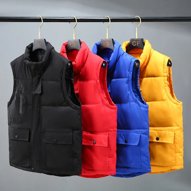 Men Workwear Padded Vest Stand Collar Multi Pockets Sleeveless Gilet Winter Warm Casual Streetwear Male Outerwear Waistcoat