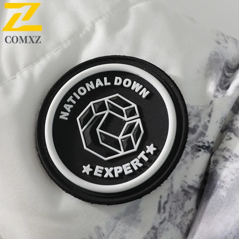 COMXZ Luxury Mens Down Jacket Print Design Hooded Outdoor Riding Lightweight Parka Fashion Camping Warm Windproof Winter Coat