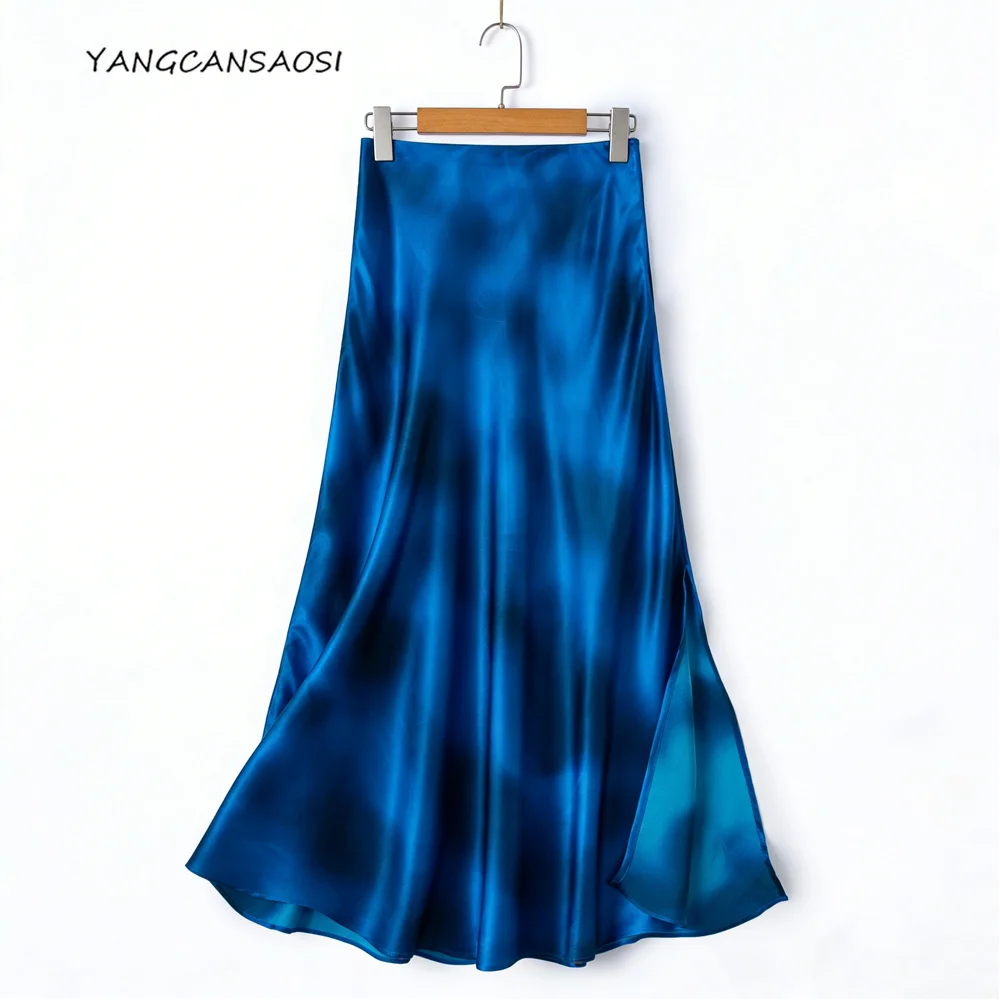 2026 Women's Fashion Clothing 100%Natural Mulberry Silk Plain Satin Deep Sea Lake Light Gradient Dyeing Slant Cut Fishtail Skirt