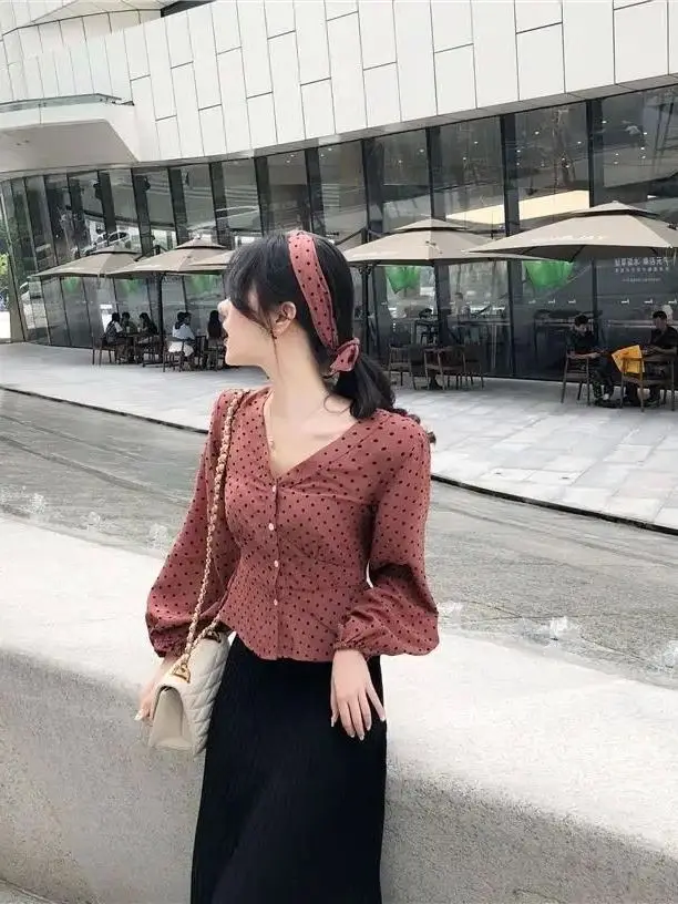 

Faion Women Polka Dot Print Blouse irts Office Lady Cleanfit Sle A-Line Sve Thin Polyester ort Sve Ladies Blouse