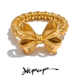 Yhpup Stainless Steel Fashion Trendy Metal 18k Gold Color Cast Ring Bow Knot Jewelry