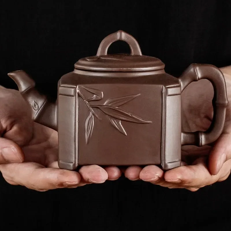 420ml Chinese Yixing Purple Clay Teapot Bamboo Leaf Pattern Pot Kung Fu Tea Set