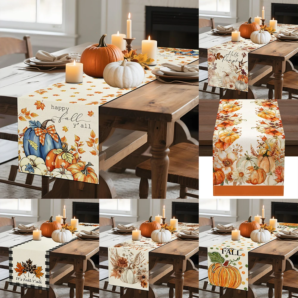 1pc  Fall Pumpkin Maple Leaf Table Runner Rustic Harvest Season Table Decor for Home Kitchen Dining Room Party