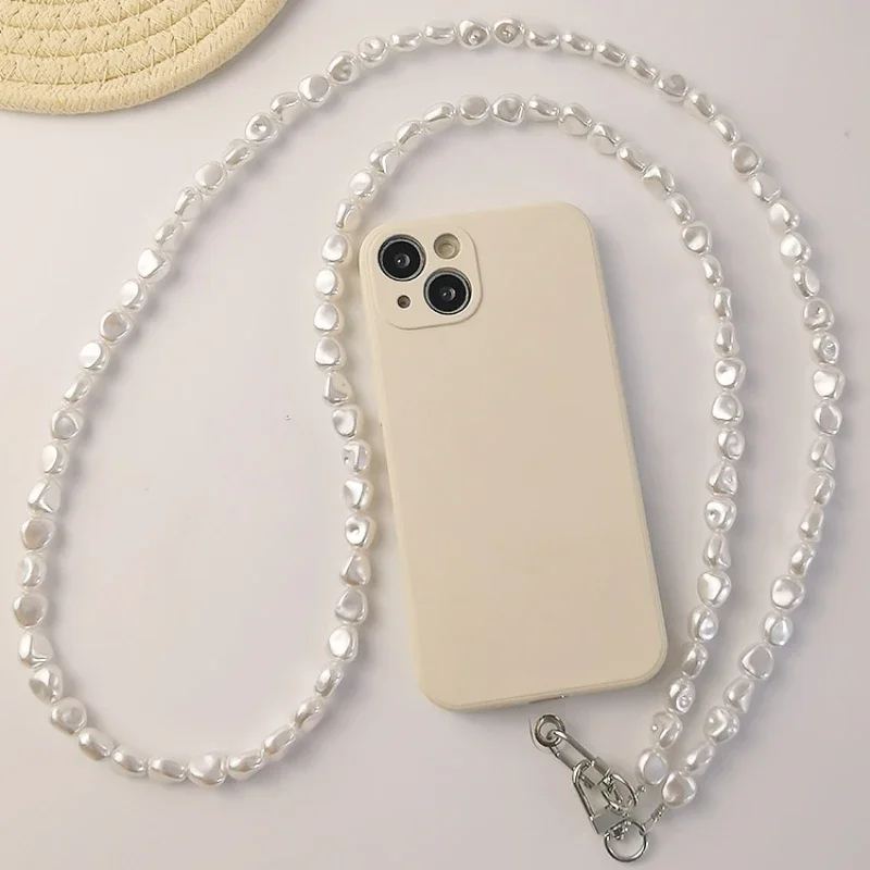Mobile Phone Lanyard Women\'s Crossbody Beaded Chain Senior Fashion Flat Pearl Chain Anti-loss Sling Strapclip Phone Charm Strap