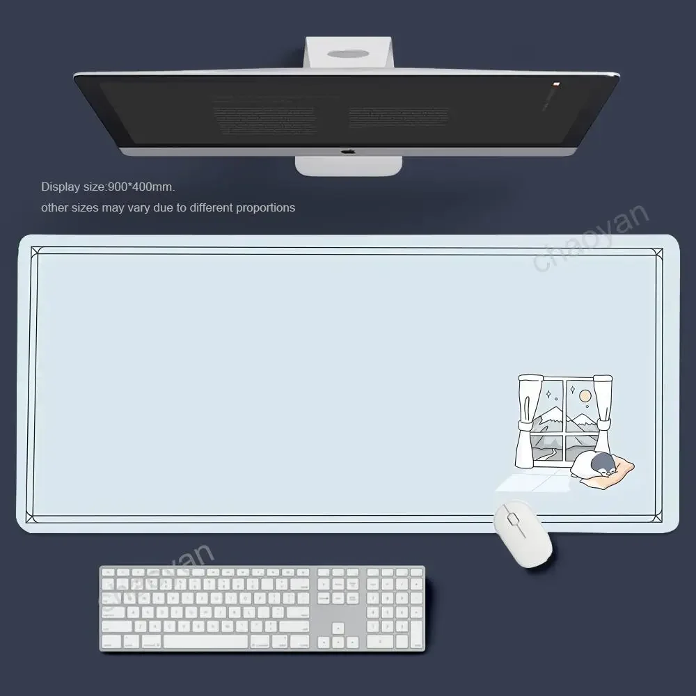 Minimal Light Blue Large Mouse Pad, Cute Corner Cartoon Pattern Non‑Slip Rubber Desk Mat for PC Gaming Home Office Desktop