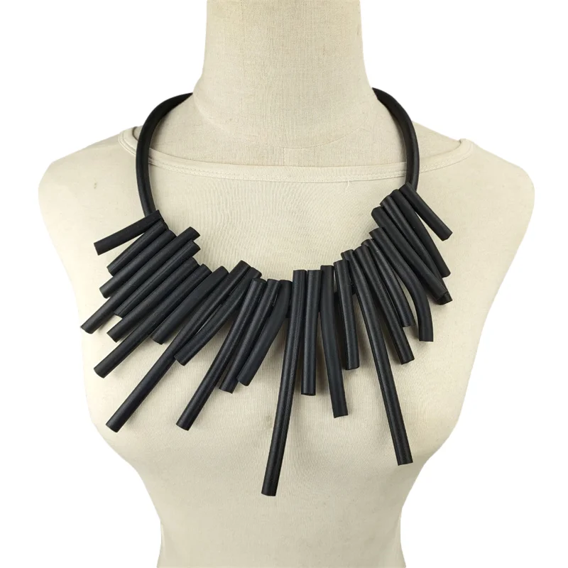 New Punk Retro Style Geometric Tassel Handmade Black Rubber Chain Ethnic Style Collar Women Versatile Necklace Jewelry