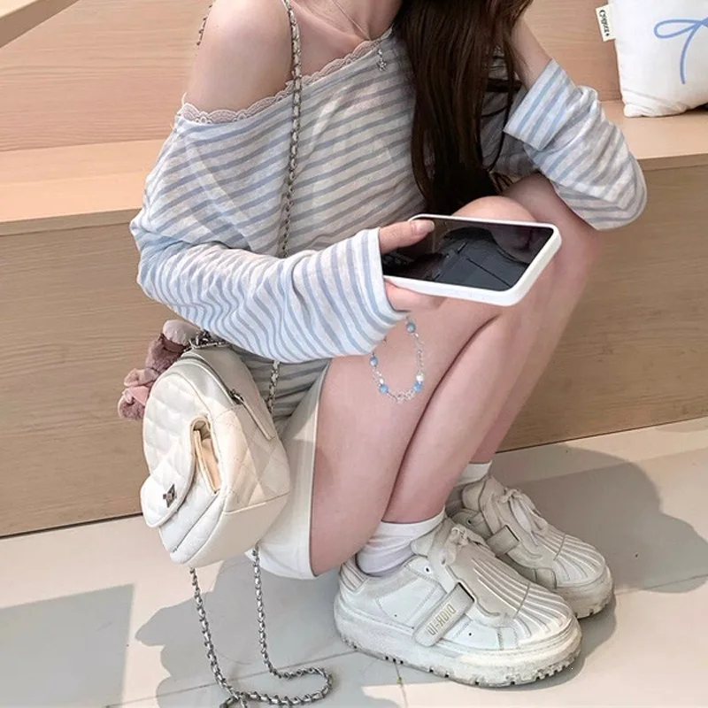 Women's Striped Long Sleeve T-Shirt Irregular Off-Shoulder Lace Trim Slim Fit Sun Protection Cover-Up Top Korean Lazy Style