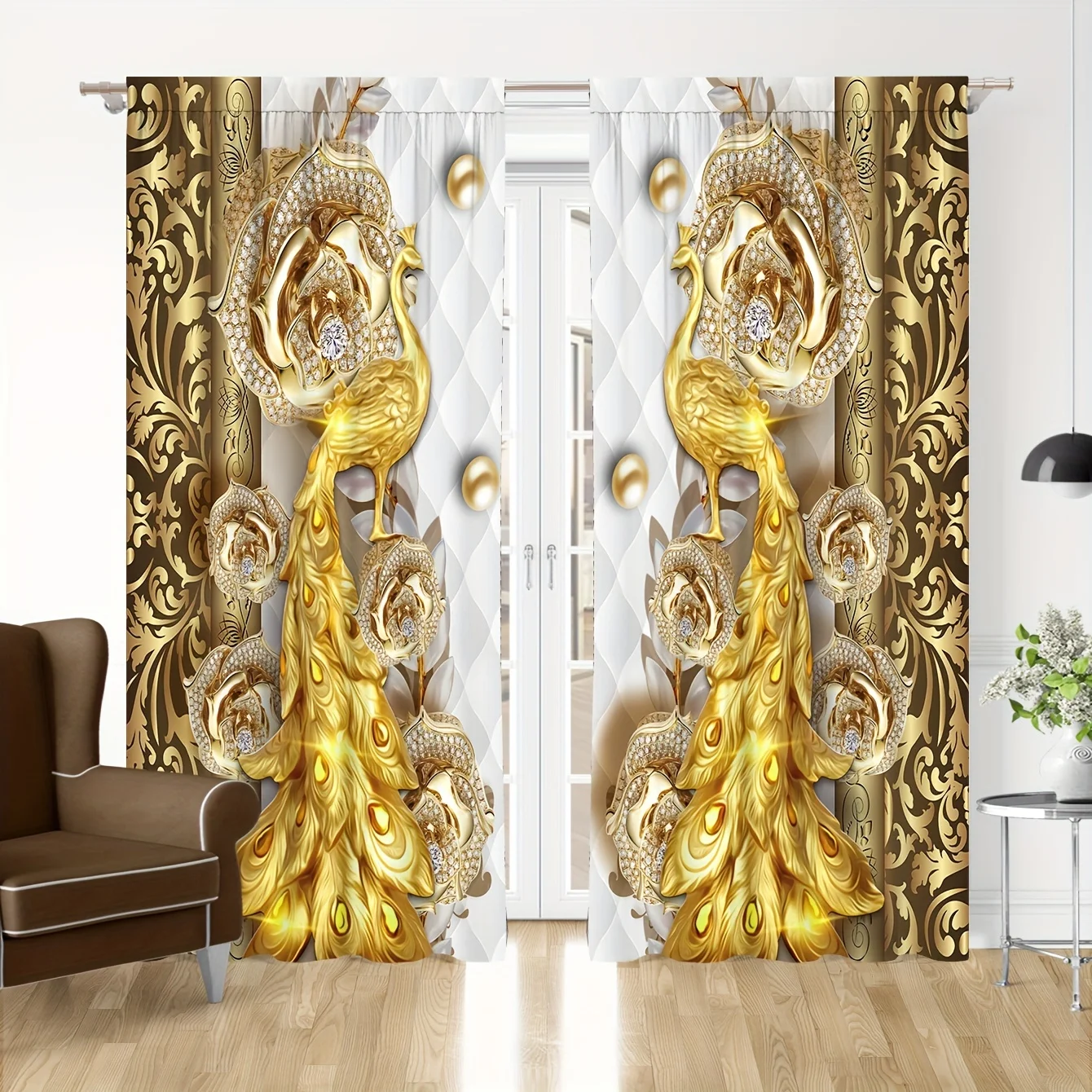 

2pcs Golden Peacock Curtain Study Room Kitchen Living Room Dorm Rod Pocket Top Window Drapes Bedroom Accessories Home Decor