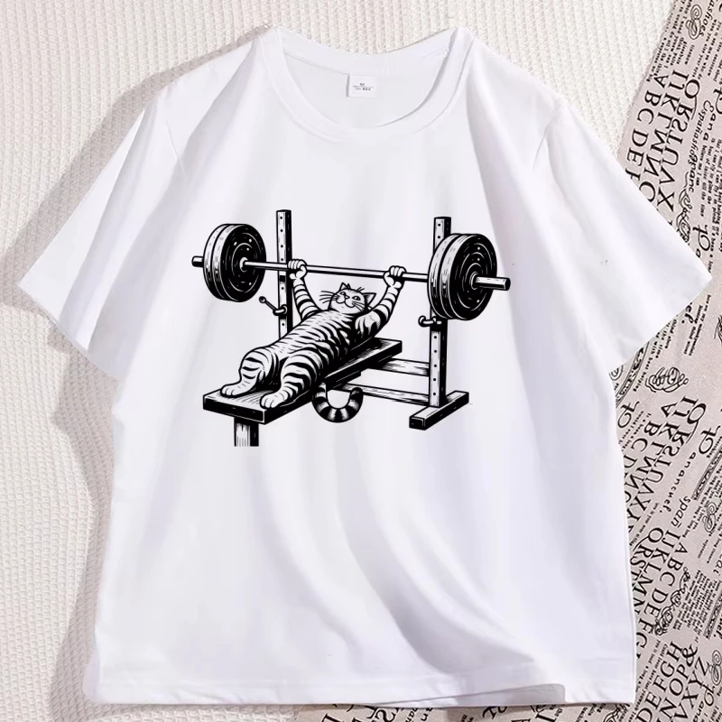Camiseta de gimnasio con estampado de Cat Bench Press para hombre y mujer, camiseta informal de algodón para entrenamiento, camiseta divertida para amantes del levantamiento de pesas, ropa de fitness