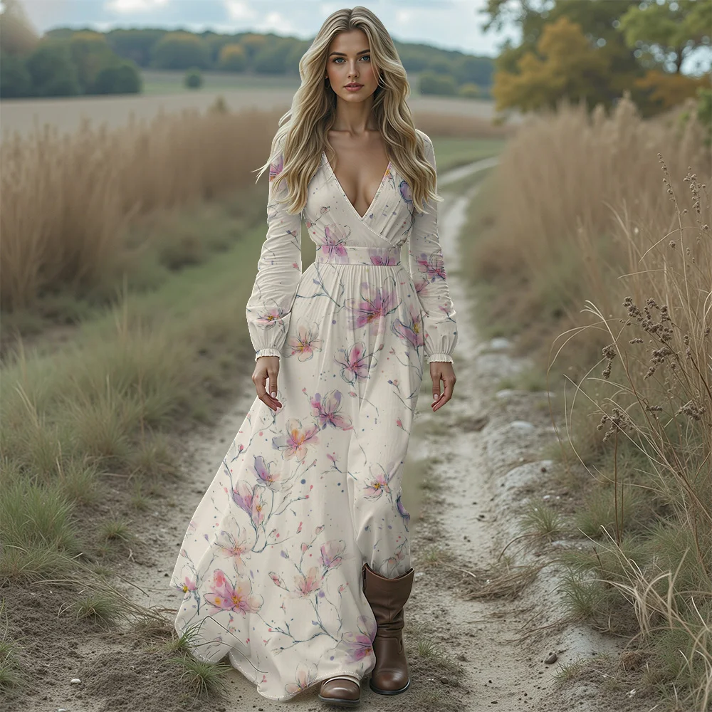 Abito lungo floreale elegante romantico sexy con scollo a V profondo Abito Boho in chiffon a maniche lunghe da donna per eventi speciali, appuntamenti o vacanze