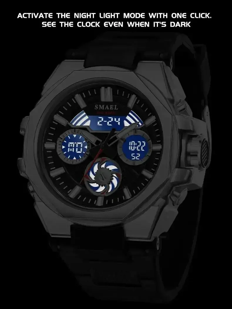 SMAEL 8098 Dual Time Waterproof Shock Resistant Back Light Alarm Fashion Watch for Men Brand Quartz Digtal