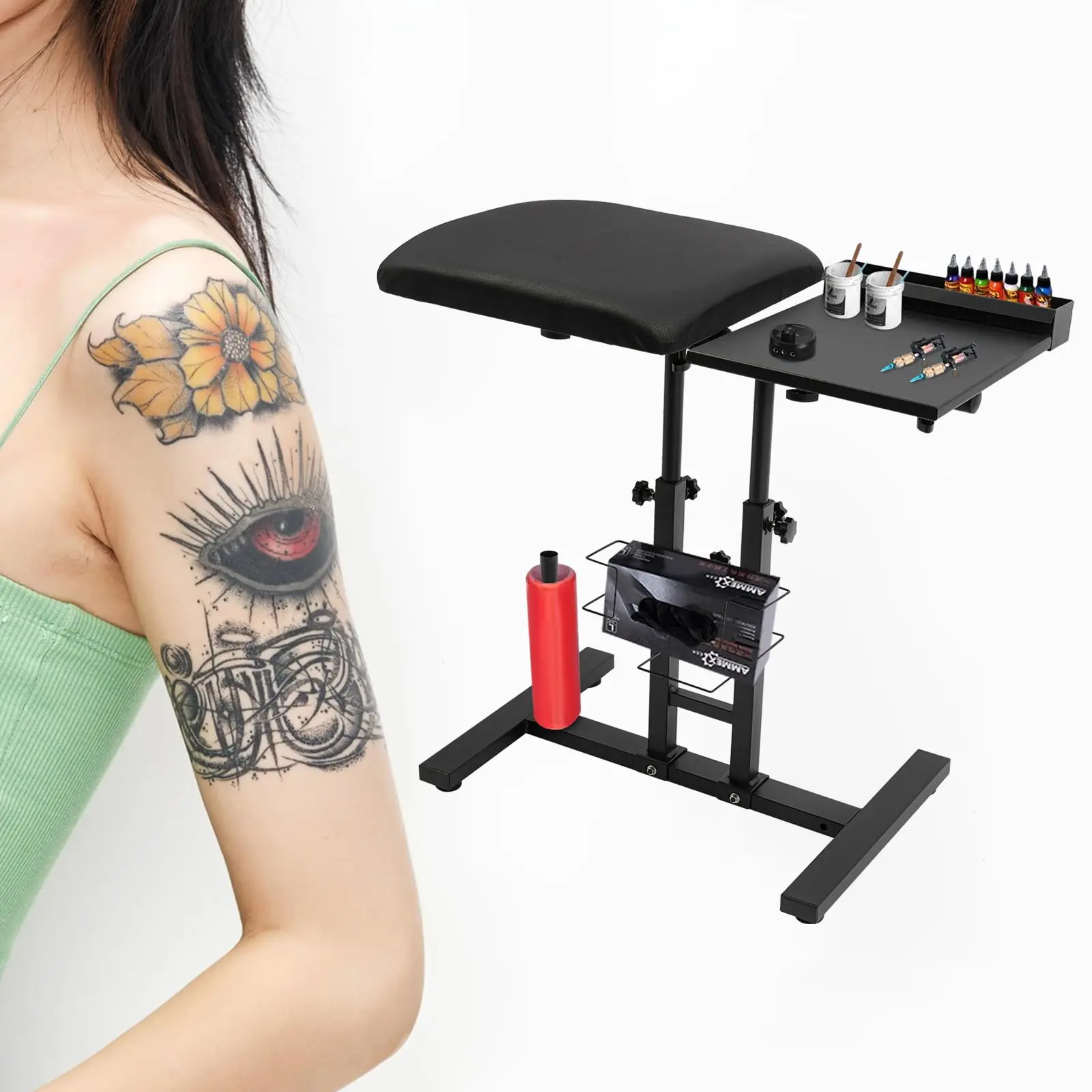 حامل مسند ذراع وشم قابل لضبط الارتفاع مع وسادة جلدية سوداء كبيرة الحجم، 360 درجة °   منضدة عمل قابلة للدوران، وقاعدة مضادة للانزلاق، وتخزين