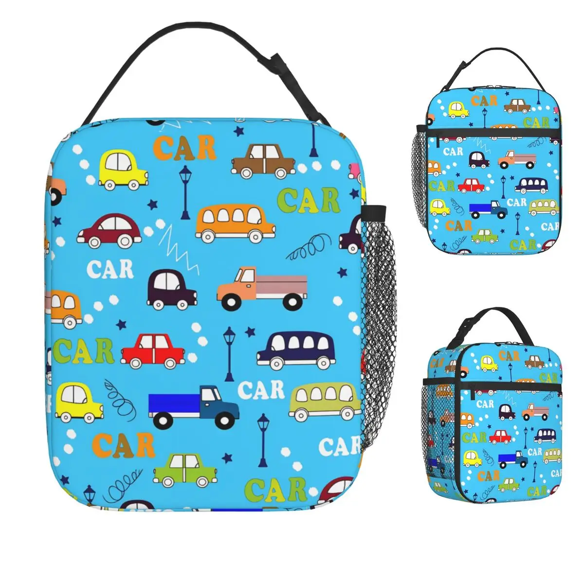 

Cartoon Bulldozer Excavator Fire Truck Lunch Bag Retro Lunch Box School Convenient Tote Food Bags Print Cooler Bag