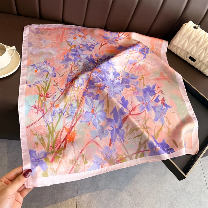 70cm Painting Printed Ladies Silk Square Scarf Bandanas For Women Luxury Hijab Neckerchief Headband Elegant Shawl Beach Wraps view 5