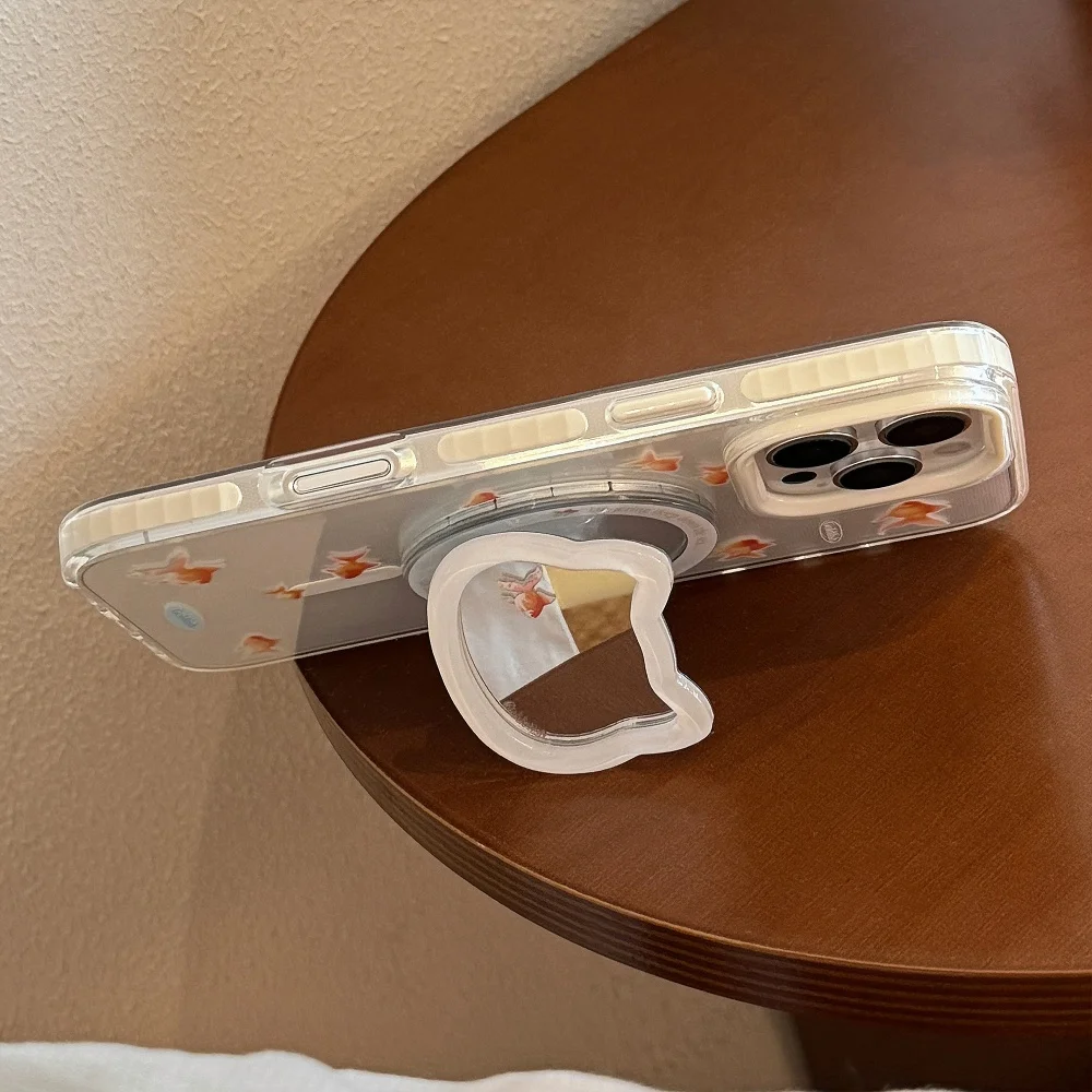 مرآة مكياج كورية لطيفة على شكل قطة لهاتف Magsafe Griptok حامل الهاتف البنصر حامل دعم لهاتف iPhone 16 Girl Bracket