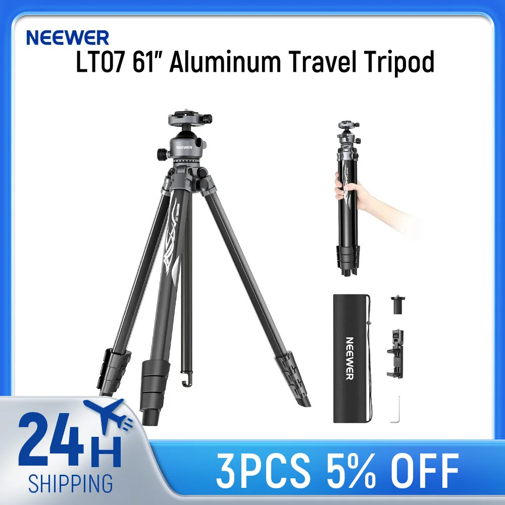 NEEWER LT07 61' Aluminum Travel Tripod for Camera W Pan Tilt Low Profile Ball Head, Arca QR Plate For Peak Design Tripod Plate