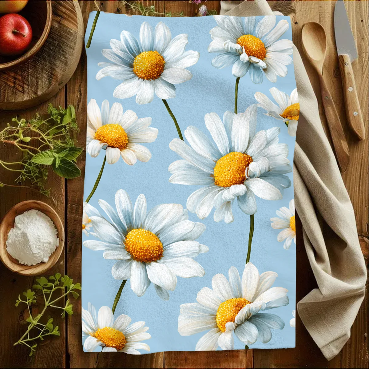 1pc Blue Background Daisy Printed Scrub Cloth,Soft Absorbent Kitchen Hand Towel,Perfect for Kitchen, Dining Room, Bathroom, Dorm