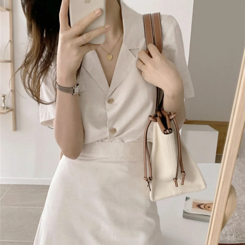 2 Pcs Sets Women Elegant Korean Style Office Ladies Slim Outfits Summer Turn-down Collar Design Simple Daily Tops Skirt Popular