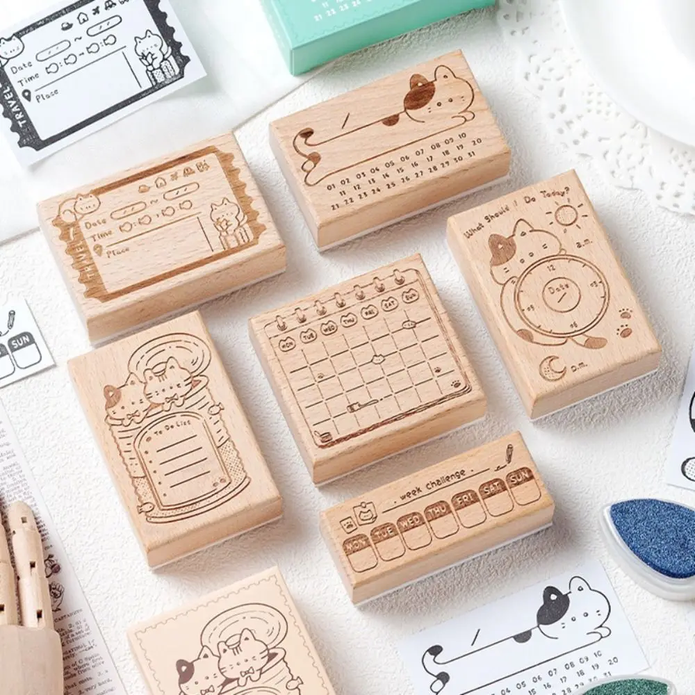 High Quality Wood Assorted Stamp Cat Pattern DIY Scrapbook Cat Schedule Seal Memorandum Sight Box Series Decorative Stamps view 5