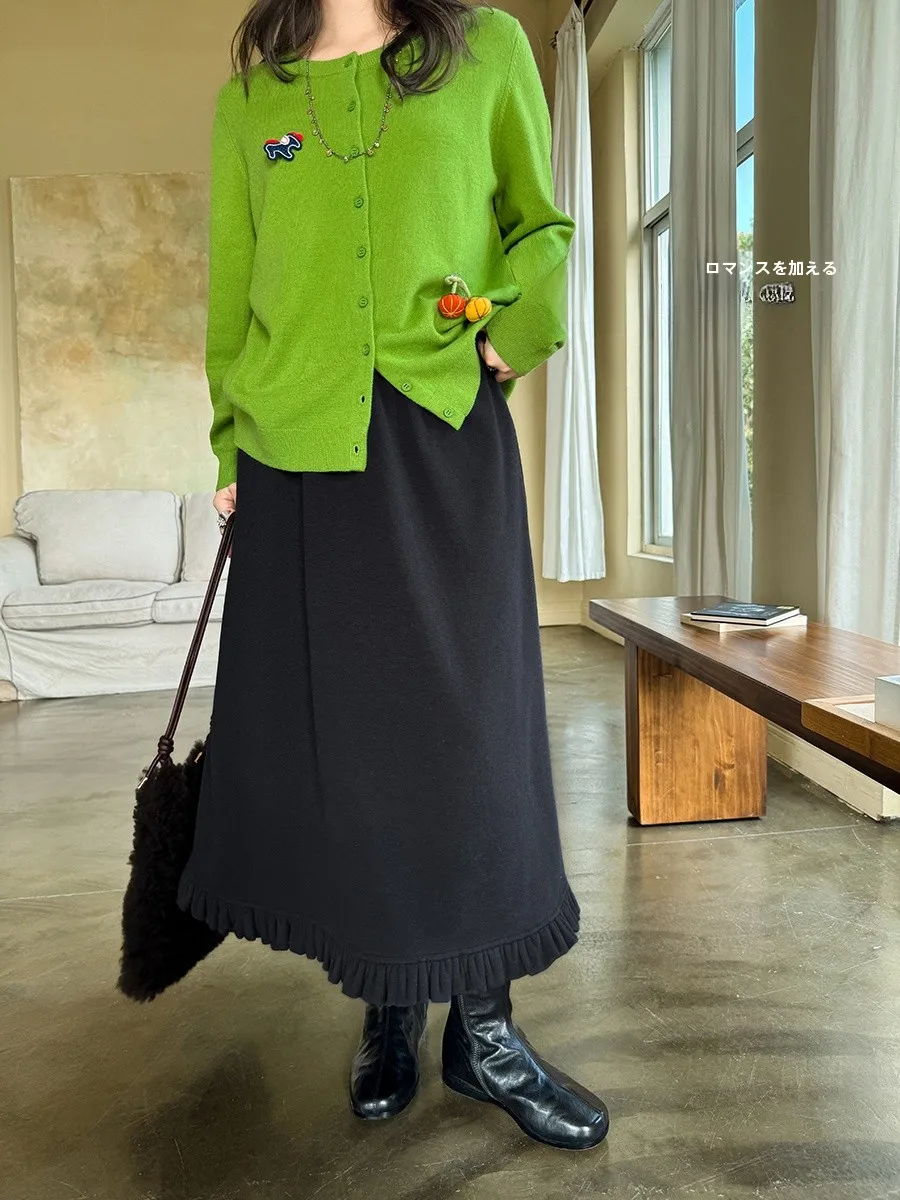 

Ele A-Line Skirt with Flounce Thi Woolen Material Vintage Sle Casual Wear for Ladies mid Waist Design