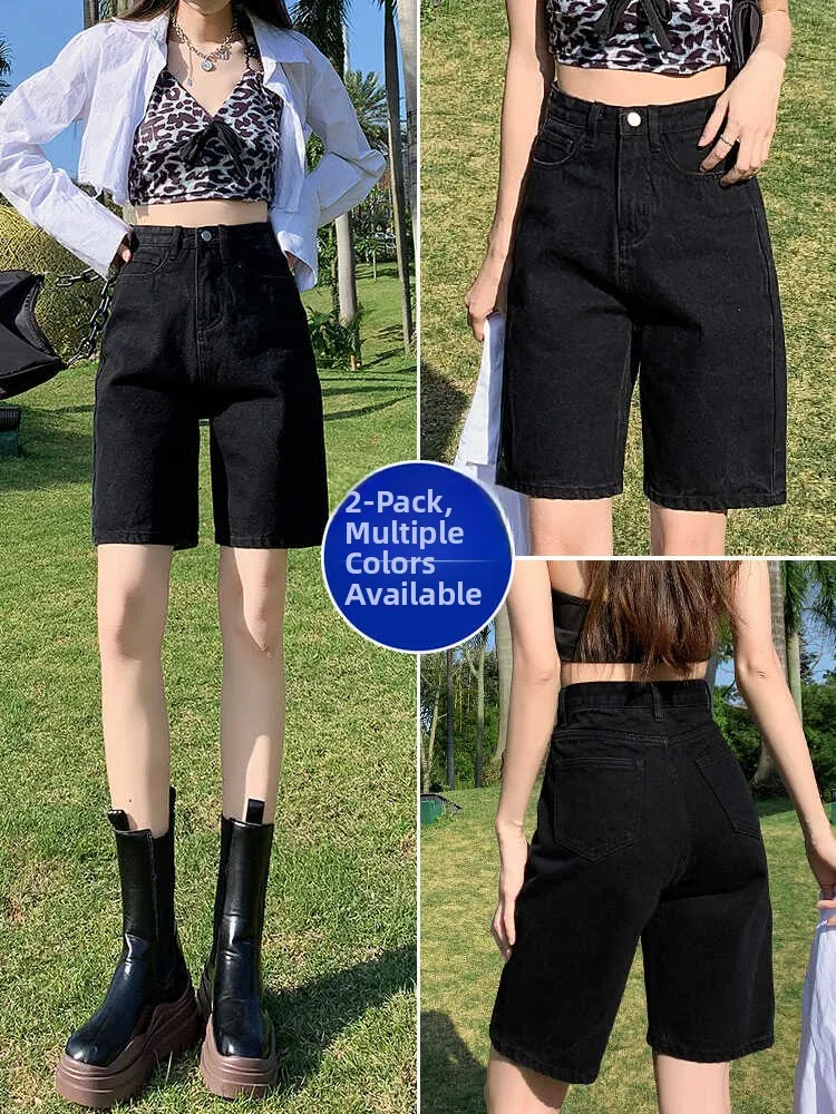 

High Waist Black Denim Shorts Women's Loose Fit Thin Straight Leg Summer Jeans Cotton Stretch Fabric Multi Pocket Button Closure