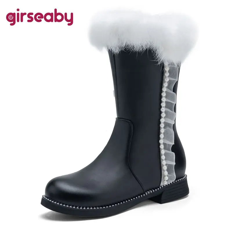 

Girseaby Sweet Women Mid Calf Boots Zipper Pearl Small Size 31 32 33 Rabbit Furry Warm Winter Bota Round Toe Thick Heels 2.5cm
