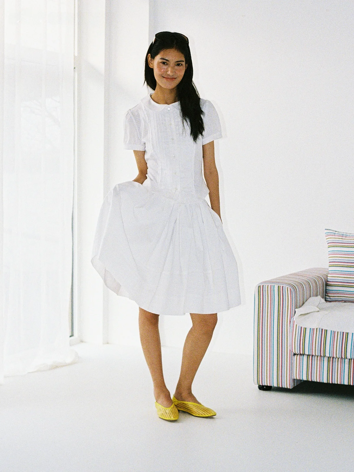 

ClicOrange Pure Cotton Peter Pan Collar Shirt with Bubble Sleeves And Subtle Plaid Design Elegant Fitted Women's Blouse