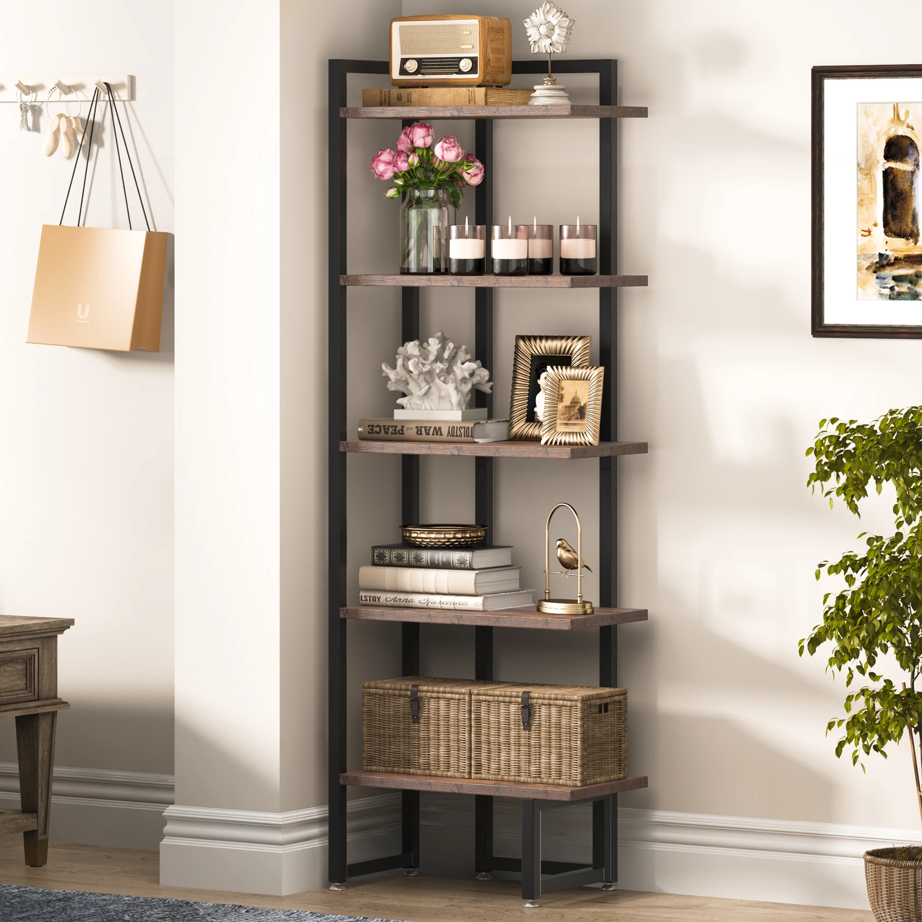 

Tribesigns Industrial Corner Shelf, 5 Tier Wood Wall Corner Bookshelf with Anti-Slip Pad