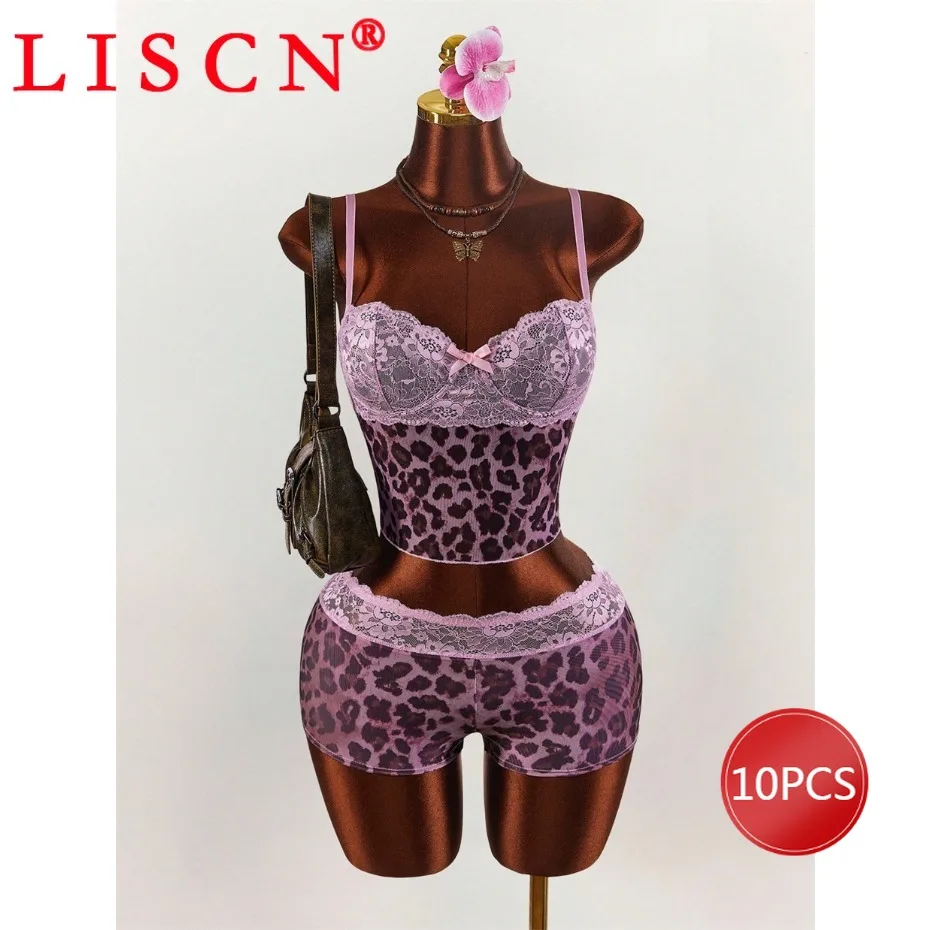 10 Wholesale Lots Tracksuits 2026 Summer Two Piece Set Womens Outfits Sexy Lace Patchwork Print Backless Top + Shorts Y2k K16865