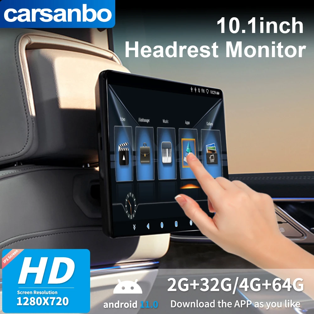 

Carsanbo 10.1-Inch Android 11Incell Full Lamination Process External Headrest Display With Google Certification And Adjustable