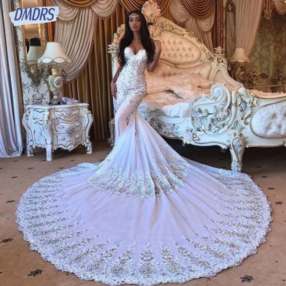 

Exquisite Mermaid Wedding Dresses Crystals Beaded Lace Dress For Bride Graceful Floor-length Bridal Gown Vestido De Novia