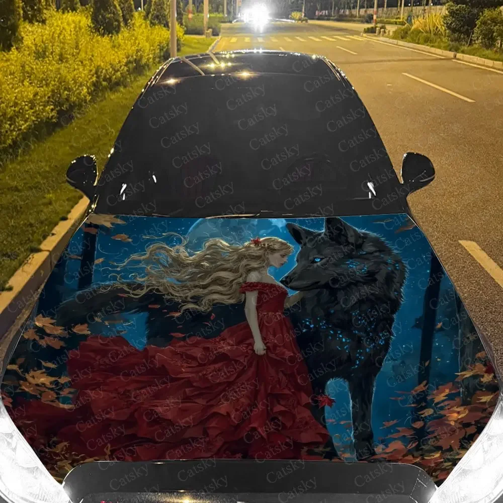 Giant Black Wolf And Red Dress Girl Hood Decal - Vibrant Car Vinyl Wrap For Engine Protection, Ideal Gift For Car Enthusiasts
