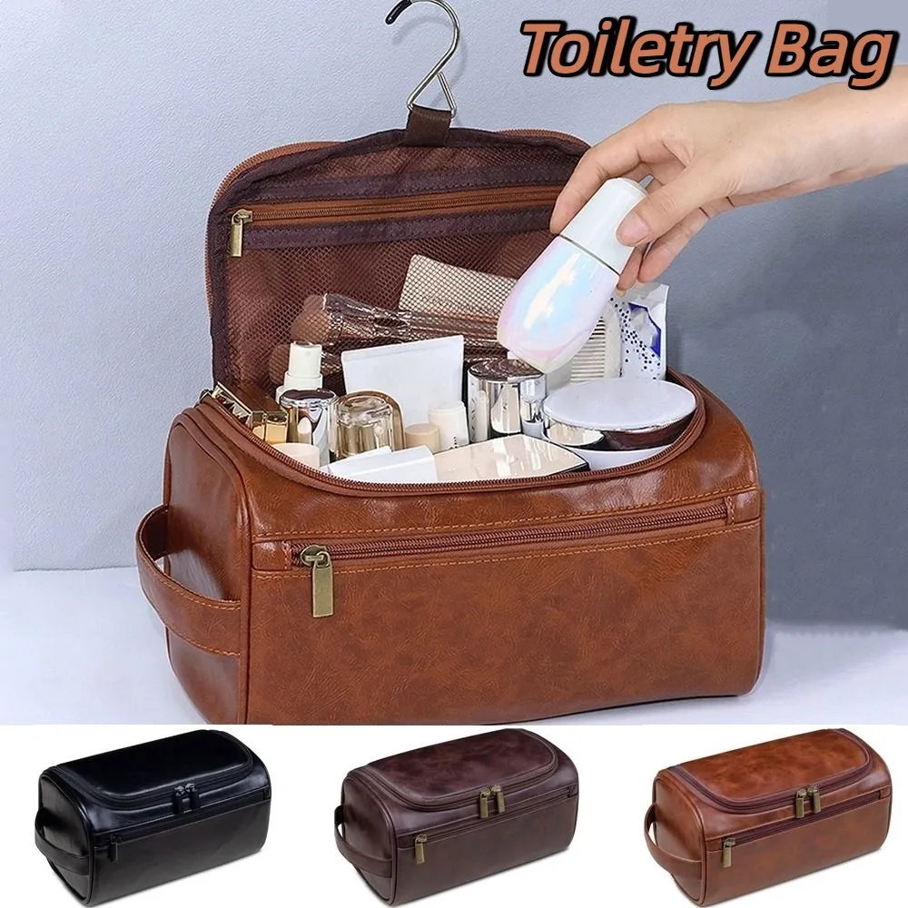 Retro PU Leather Men Toiletry Bag With Handle with Hanging Hook Cosmetic Storage Bag Large Capacity Waterproof Handbag Travel