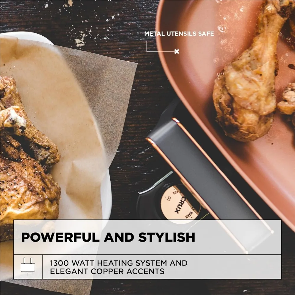 مقلاة كهربائية بغطاء زجاجي - مقلاة سيراميك مقاومة للخدش غير لاصقة، عميق جدًا مع مسبار درجة حرارة قابل للإزالة، 12 بوصة × 12 بوصة