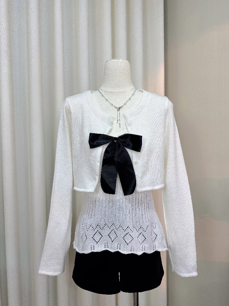 

Autumn Korean Popular Sweater Bow Office Lady Women Pullover French Vintage Elegant Warm 2 Piece Sets Female Knit Chic Clothing