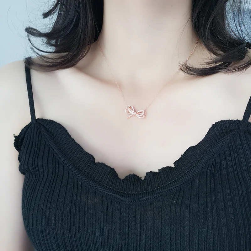 Elegant Sterling Silver Necklace with Bow Pendant and Collarbone Chain for Women Inlaid with Stones - Perfect Gift for Her