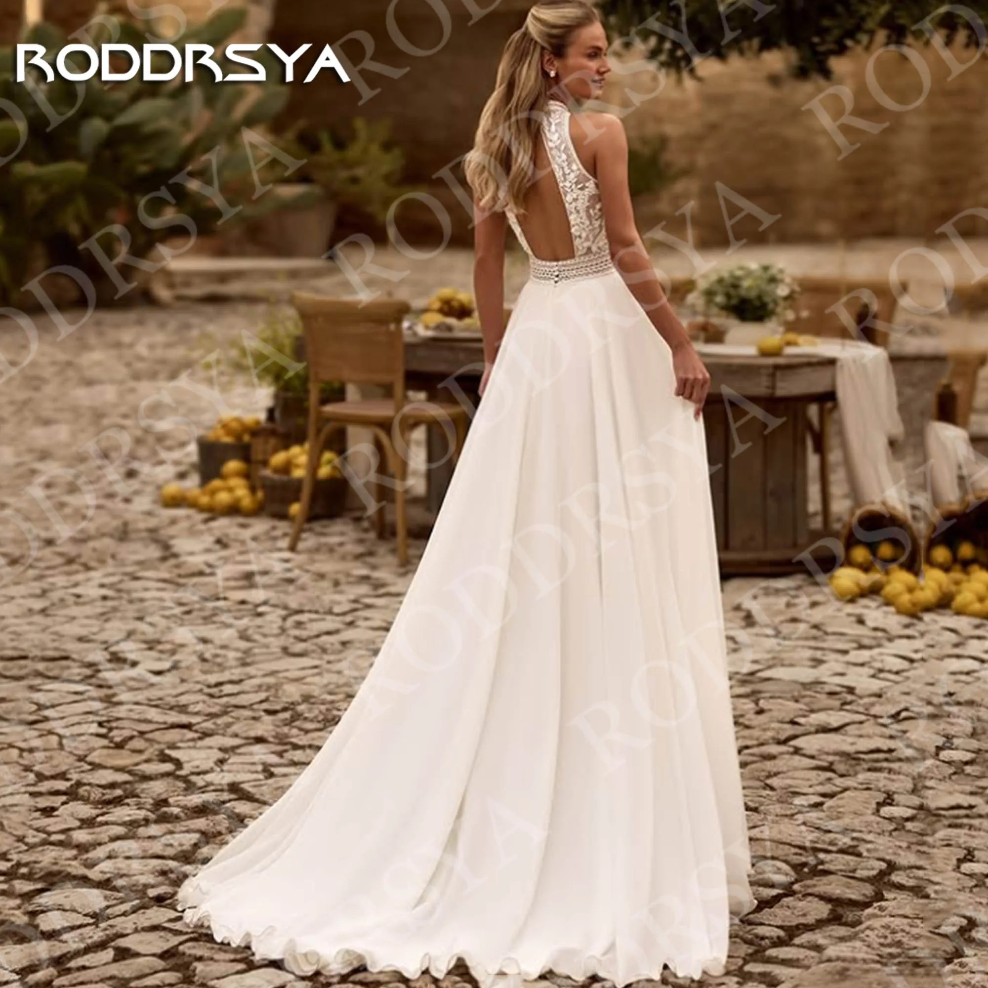 RODDRSYA 2026 Bohemian Wedding Dress Open Back Lace Halter Neck High Slit A Line Chiffon Bridal Dresses Customized Vestido Novia