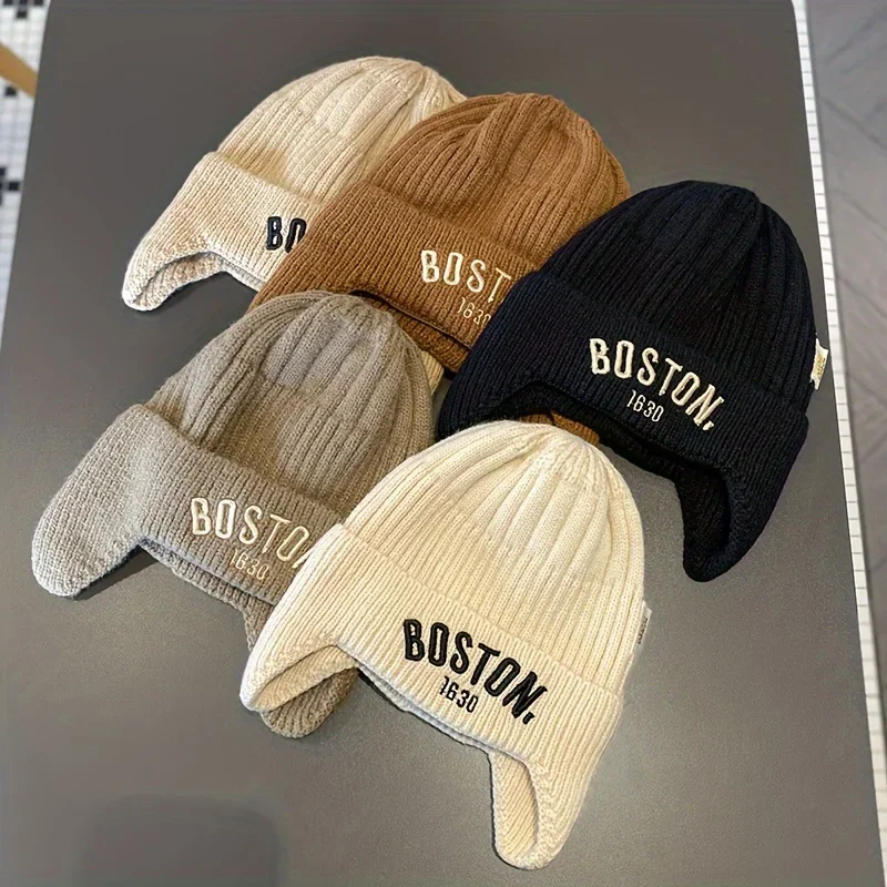 BOSTON Ear Protection Knitted Hat for Autumn and Winter Warmth, Flip Up Knitted Hat, Men's and Women's Retro Casual Cold Hat