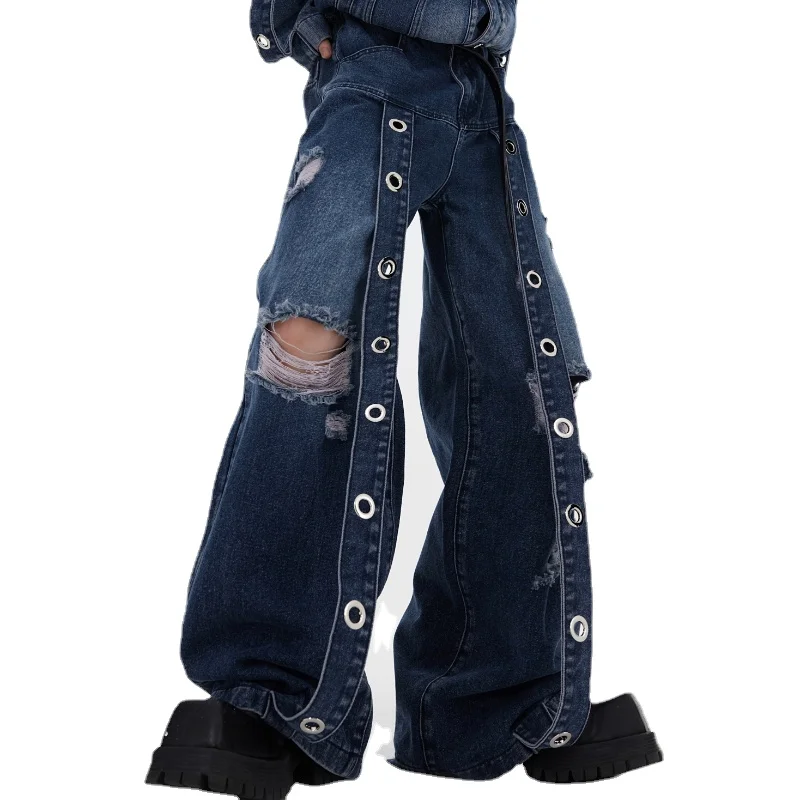 

Wasteland Style Avant-Garde Destroyed Washed Woman Jeans Ripped Ribbon Design Sense Mop Bell-Bottom Pants Trousers for Men