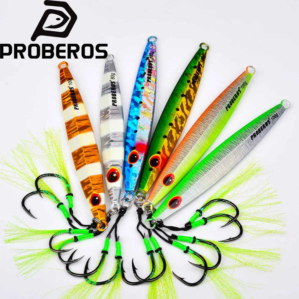 

PROBEROS Slow Shake Metal Plate Bait 60-100g Artificial Feather Assisted Hook Hard Bait 1PC Artificial Bass Saltwater Fish Lures