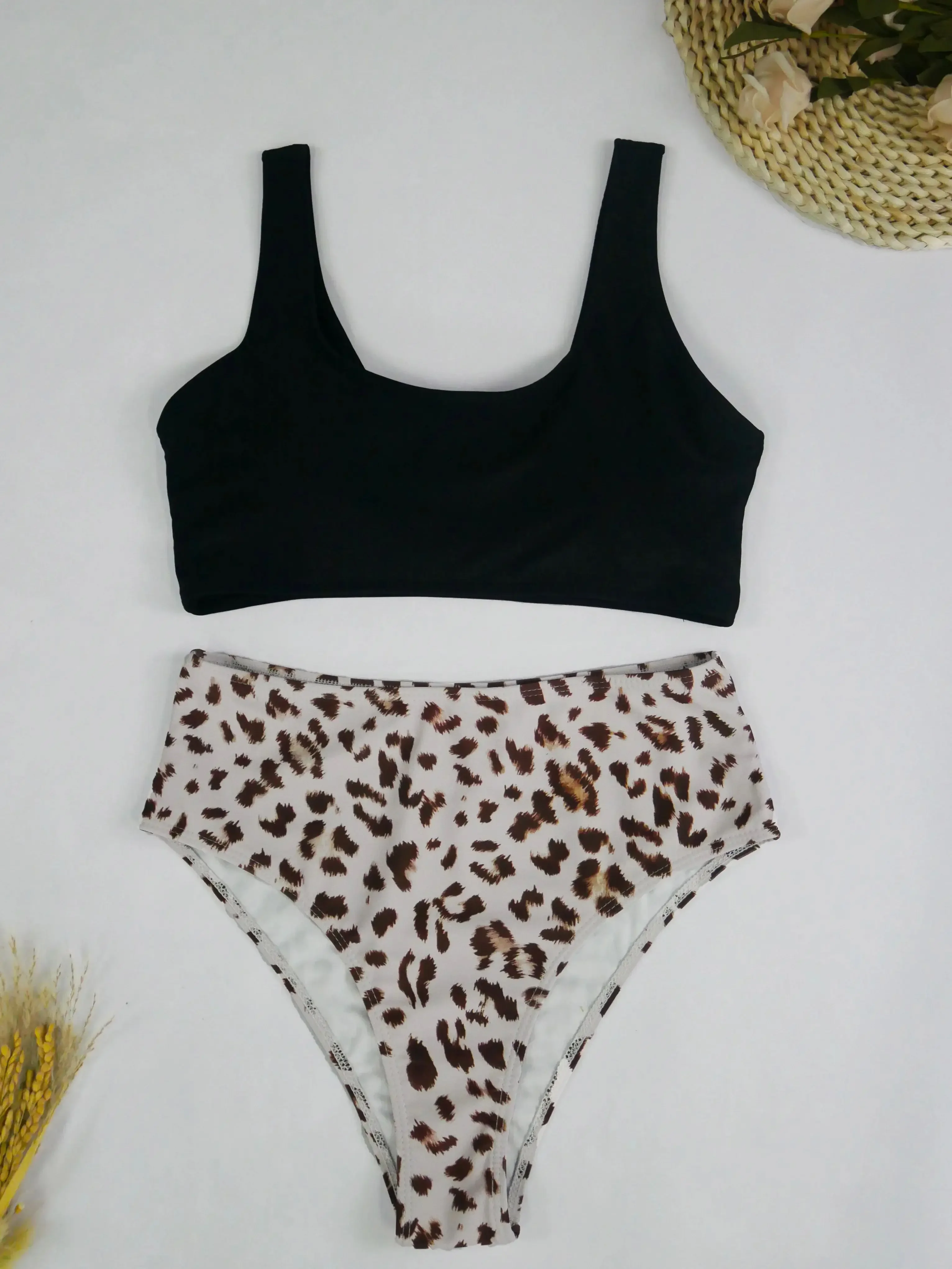 Leopardo impresso maiô feminino 2024 sexy conjunto de biquíni push up banho regatas e cintura alta inferior feminino conjunto biquíni brasileiro